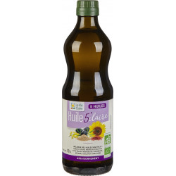 Huile 5'Claire: huile d'olive vierge extra 51%, huiles vierges de tournesol, sésame et carthame.