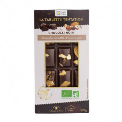 Tablette Tentation - Tablette de chocolat noir incrustée d'amandes, de noisettes entières et de raisins secs.