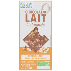 Chocolat au lait, croustillant au riz et au quinoa bio, 38 % de cacao minimum.