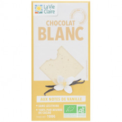Chocolat blanc aux notes de vanille bio, 33% de cacao minimum.