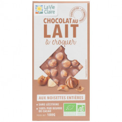Chocolat au lait aux noisettes entières, 38% de cacao minimum.