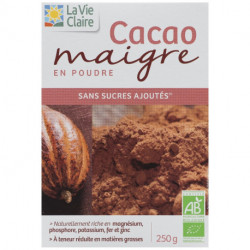 Cacao maigre en poudre, sans sucres ajoutés.